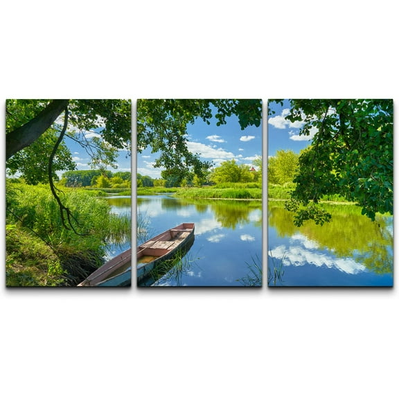 wall26 Canvas Print Wall Art Set Boat on Lake in Spring-Summer Landscape Nature Wilderness Photography Realism Rustic Scenic Colorful Multicolor for Living Room, Bedroom, Office - 16"x24"x3