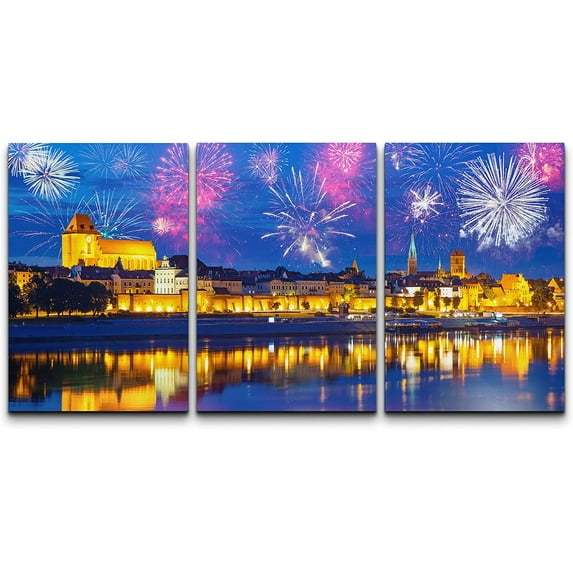 wall26 Canvas Print Wall Art Set Bright Fireworks Gdansk Poland Celebrations &amp; Holidays Cityscape Photography Realism Landscape Colorful for Living Room, Bedroom, Office - 24"x36" x 3