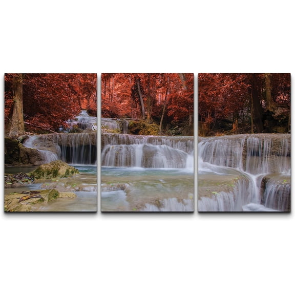 wall26 Canvas Print Wall Art Set Cascading Waterfall in Red Autumn Forest Nature Wilderness Photography Modern Art Rustic Scenic Colorful Vibrant for Living Room, Bedroom, Office - 16"x24"x