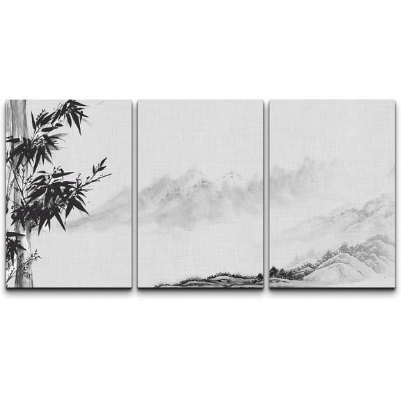 wall26 Canvas Print Wall Art Set Chinese Bamboo Over Misty Mountain Ranges Nature Wilderness Illustrations Modern Art Cultural Scenic Relax/Calm for Living Room, Bedroom, Office - 16"x24"x3