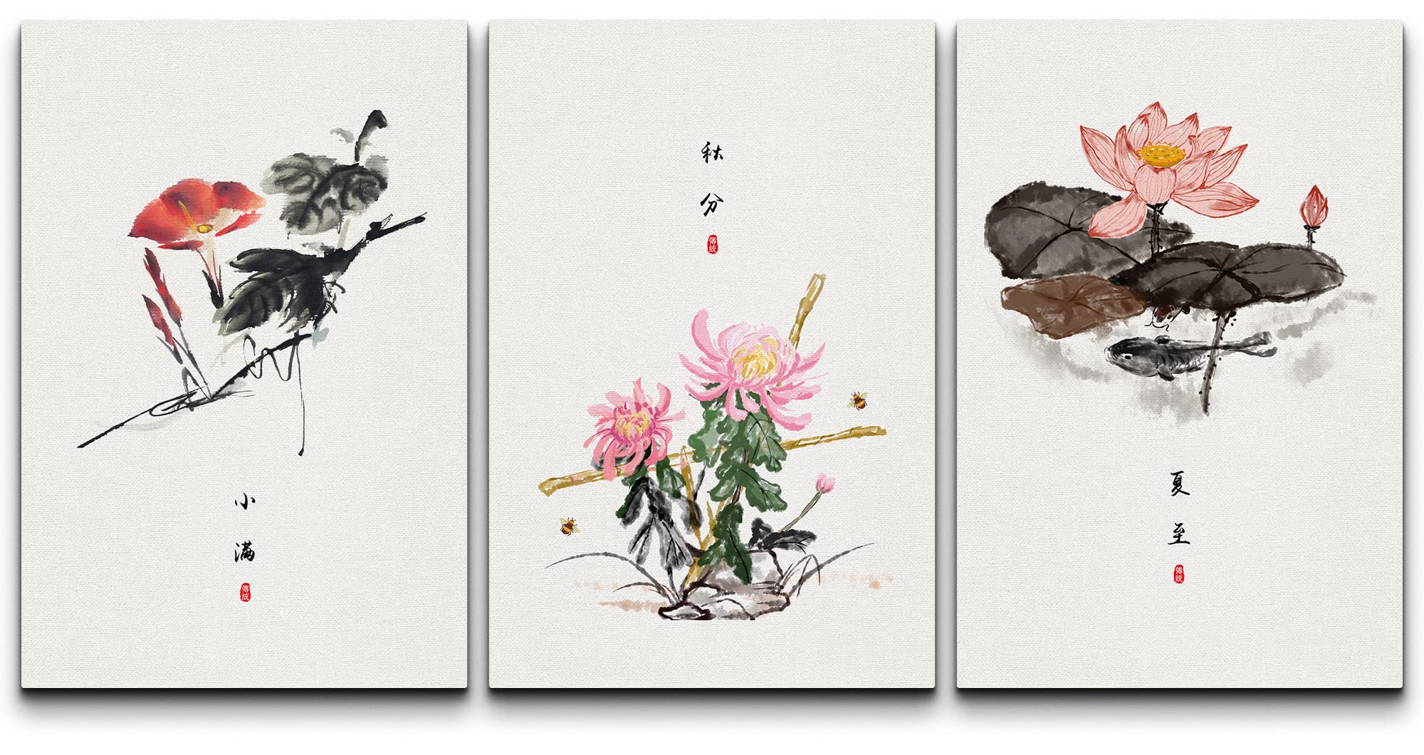 wall26 Canvas Print Wall Art Set Chinese Pink & Red Lotus Seasonal ...
