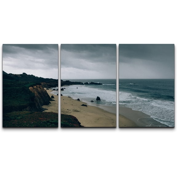 wall26 Canvas Print Wall Art Set Dark Beach Shore with Cloudy Storm Weather Nature Wilderness Photography Realism Rustic Relax/Calm Multicolor for Living Room, Bedroom, Office - 16"x24"x3 P