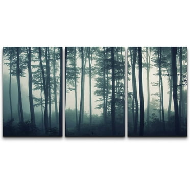 wall26 Canvas Print Wall Art Set Dark Teal Tree Forest in The Fog Nature Wilderness Photography Realism Contemporary Colorful Multicolor Ultra for Living Room, Bedroom, Office - 24&quot;x36&quot;x3