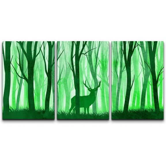 wall26 Canvas Print Wall Art Set Deer in The Vibrant Neon Green Forest Animals Wildlife Illustrations Modern Art Rustic Colorful Multicolor for Living Room, Bedroom, Office - 24"x36"x3