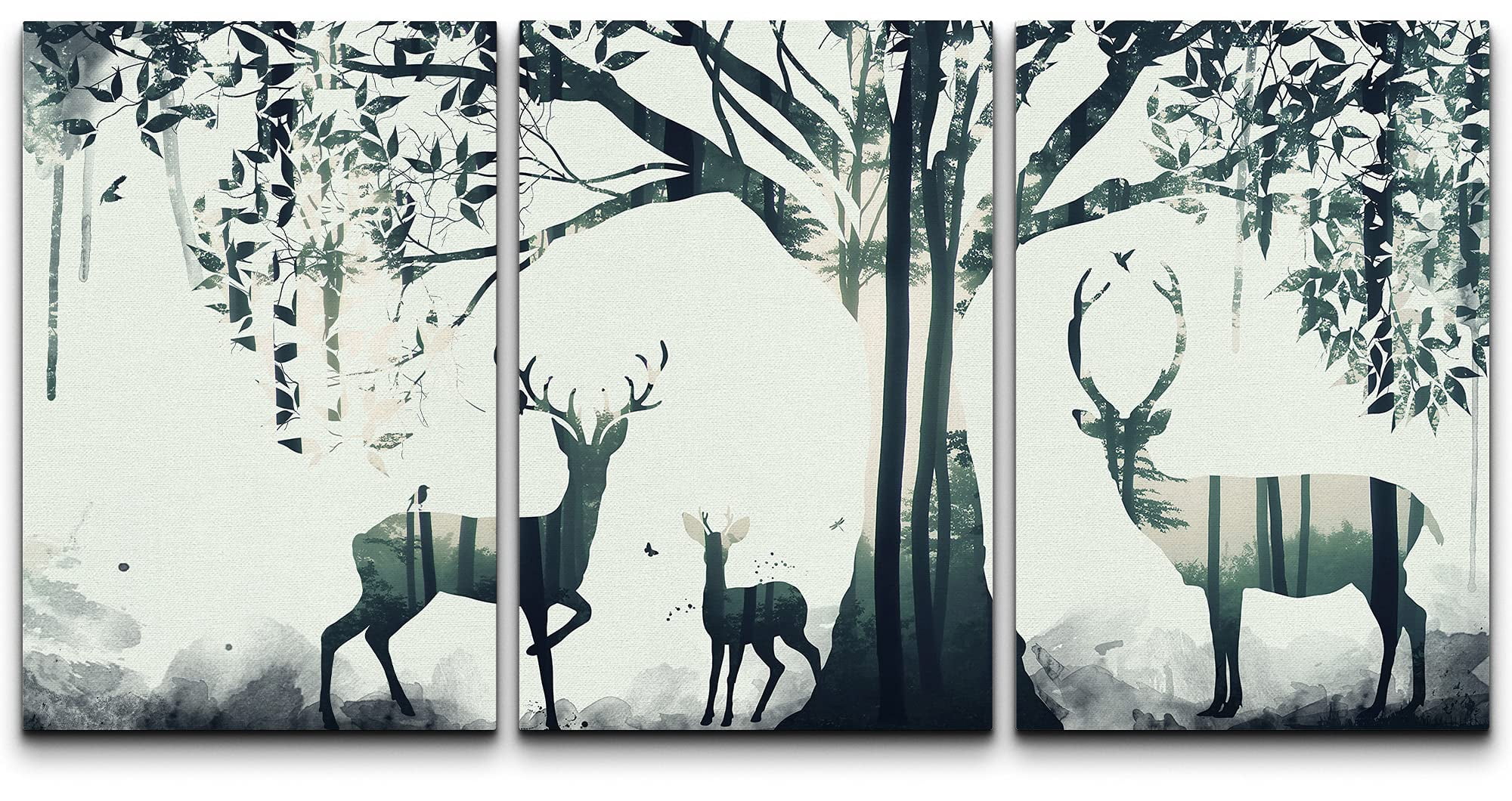 wall26 Canvas Print Wall Art Set Double Exposure Deer Family Silhouette ...