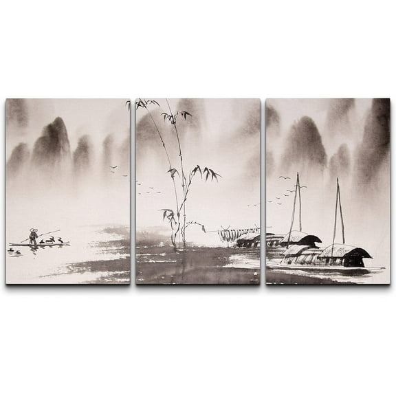 wall26 Canvas Print Wall Art Set Duotone Chinese Fishing Boat Landscape Nature Wilderness Illustrations Modern Art Cultural Scenic Relax/Calm for Living Room, Bedroom, Office - 16"x24"x3 Pa