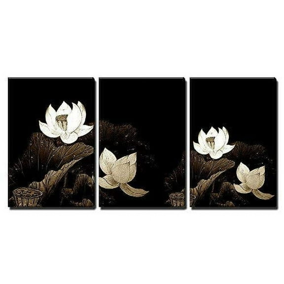 wall26 Canvas Print Wall Art Set Etched White Lotus on Dark Background Nature Wilderness Illustrations Modern Art Cultural Scenic Relax/Calm for Living Room, Bedroom, Office - 24"x36"x3 Pan
