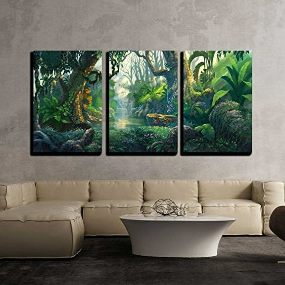 wall26 Canvas Print Wall Art Set Fantasy Green Tropical Jungle &amp; River Floral Nature Illustrations Modern Art Rustic Scenic Relax/Calm Wilderness for Living Room, Bedroom, Office - 24"x36&qu