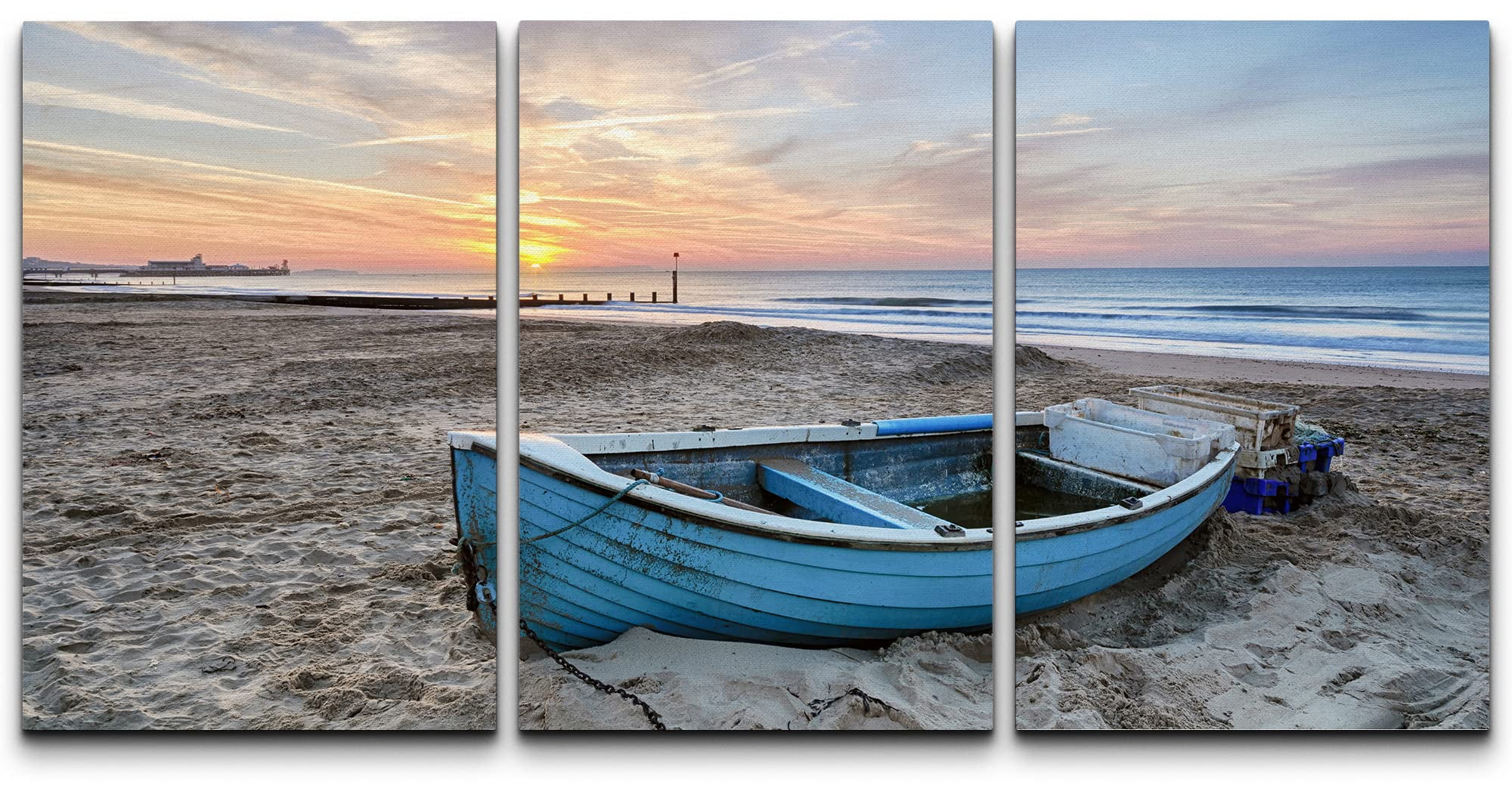 wall26 Canvas Print Wall Art Set Fishing Boat on Beach Sand at Sunset ...