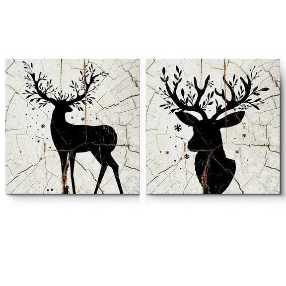 wall26 Canvas Print Wall Art Set Floral Abstract Deer Silhouettes on Wood Rings Animals WildLife Illustrations Minimalism Chic Relax/Calm Dark Duotone for Living Room, Bedroom, Office - 24"x24&q