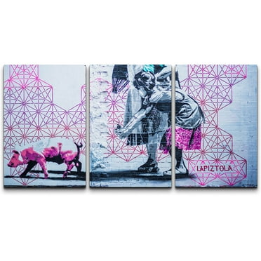 wall26 Canvas Print Wall Art Set Geometric Girl &amp; Pig Triptych Graffiti &amp; Street Art Cities Mixed Media Realism Bohemian Scenic Urban Multicolor for Living Room, Bedroom, Office - 16&quot;x24