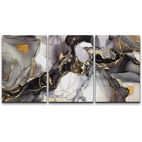 wall26 Canvas Print Wall Art Set Geometric Pastel Black Gold Smoke Waves Abstract Shapes Illustrations Modern Art Decorative Boho Colorful for Living Room, Bedroom, Office - 16"x24"x3 Panel