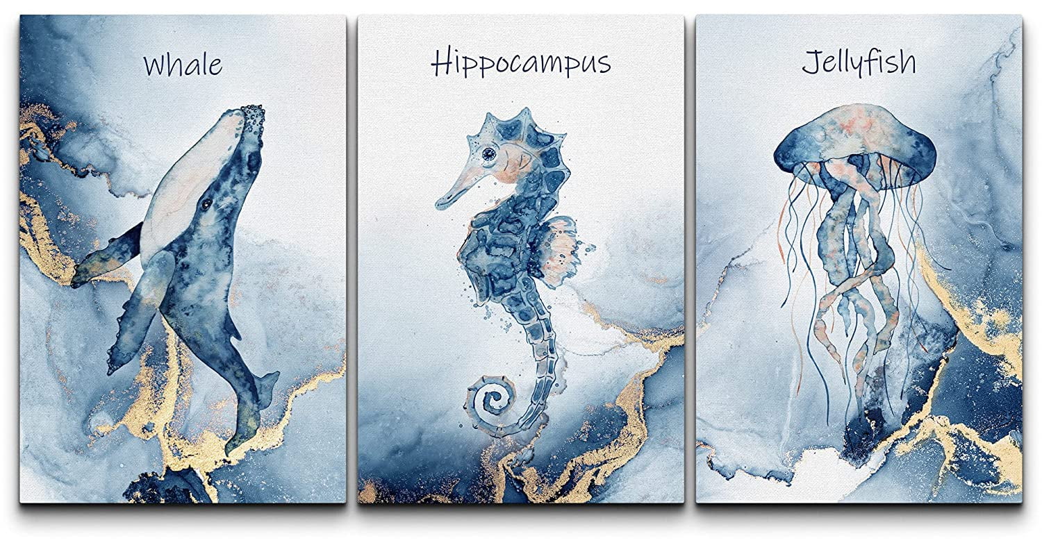 wall26 Canvas Print Wall Art Set Gold Blue Ocean Whale Seahorse ...