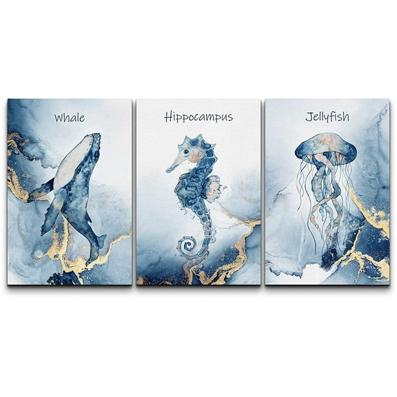 wall26 Canvas Print Wall Art Set Gold Blue Ocean Whale Seahorse Jellyfish Nature Animals Illustrations Realism Rustic Landscape Colorful for Living Room, Bedroom, Office - 16"x24" x 3