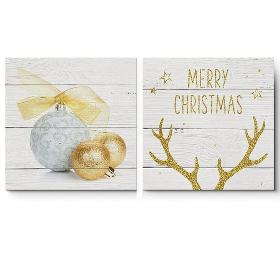 wall26 Canvas Print Wall Art Set Golden Christmas Ornaments on Wood Panels Celebrations &amp; Holidays People Typography Modern Art Chic Relax/Calm Multicolor for Living Room, Bedroom, Office - 16&qu