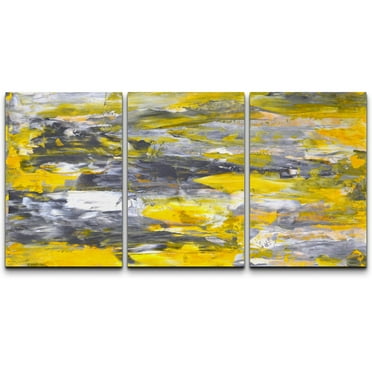 wall26 Canvas Print Wall Art Set Gray &amp; Yellow Grunge Brushstrokes Abstract Shapes Illustrations Modern Art Chic Colorful Multicolor Ultra for Living Room, Bedroom, Office - 24&quot;x36&quot;x3