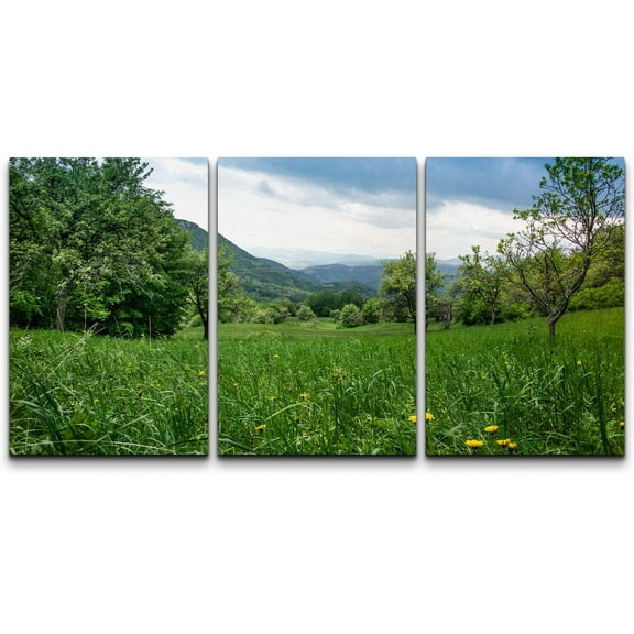 wall26 Canvas Print Wall Art Set Green Dandelion Field &amp; Mountain Horizon Nature Wilderness Photography Realism Rustic Scenic Colorful Multicolor for Living Room, Bedroom, Office - 16"x24&qu