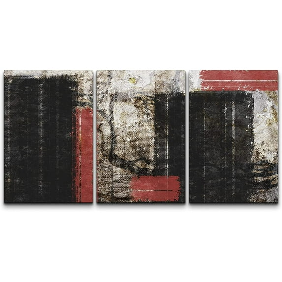 wall26 Canvas Print Wall Art Set Grunge Black Red Geometric Color Block Abstract Shapes Illustration Modern Art Decorative Multicolor Chic for Living Room, Bedroom, Office - 16"x24"x3 Panel