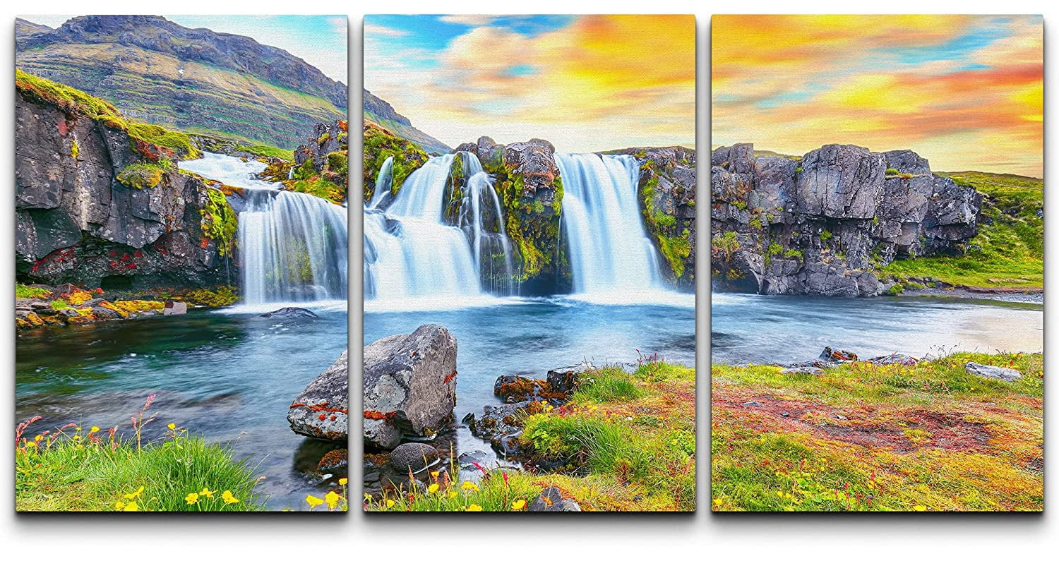 wall26 Canvas Print Wall Art Set Icelandic Sunset Mountain Waterfall ...