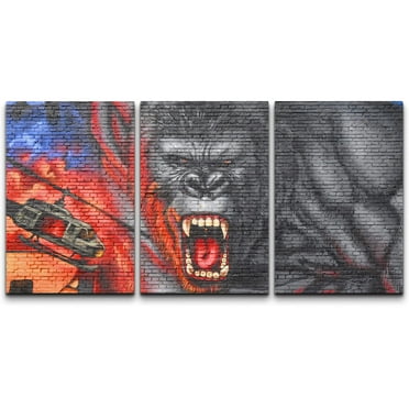 wall26 Canvas Print Wall Art Set King Kong &amp; Helicopter Triptych Graffiti &amp; Street Art Cities Mixed Media Realism Bohemian Scenic Urban Multicolor for Living Room, Bedroom, Office - 16&quot;x