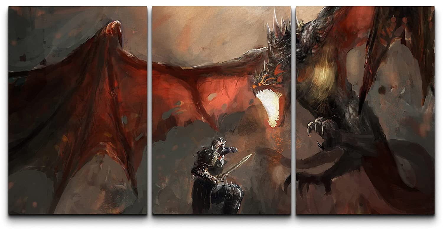 wall26 Canvas Print Wall Art Set Knight Fighting Fire Breathing Dragon ...