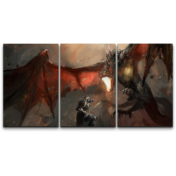 wall26 Canvas Print Wall Art Set Knight Fighting Fire Breathing Dragon Fantasy &amp; Sci-Fi Fairy Tale Digital Art Pop Art Decorative Landscape Medieval Cool for Living Room, Bedroom, Office - 16&quo