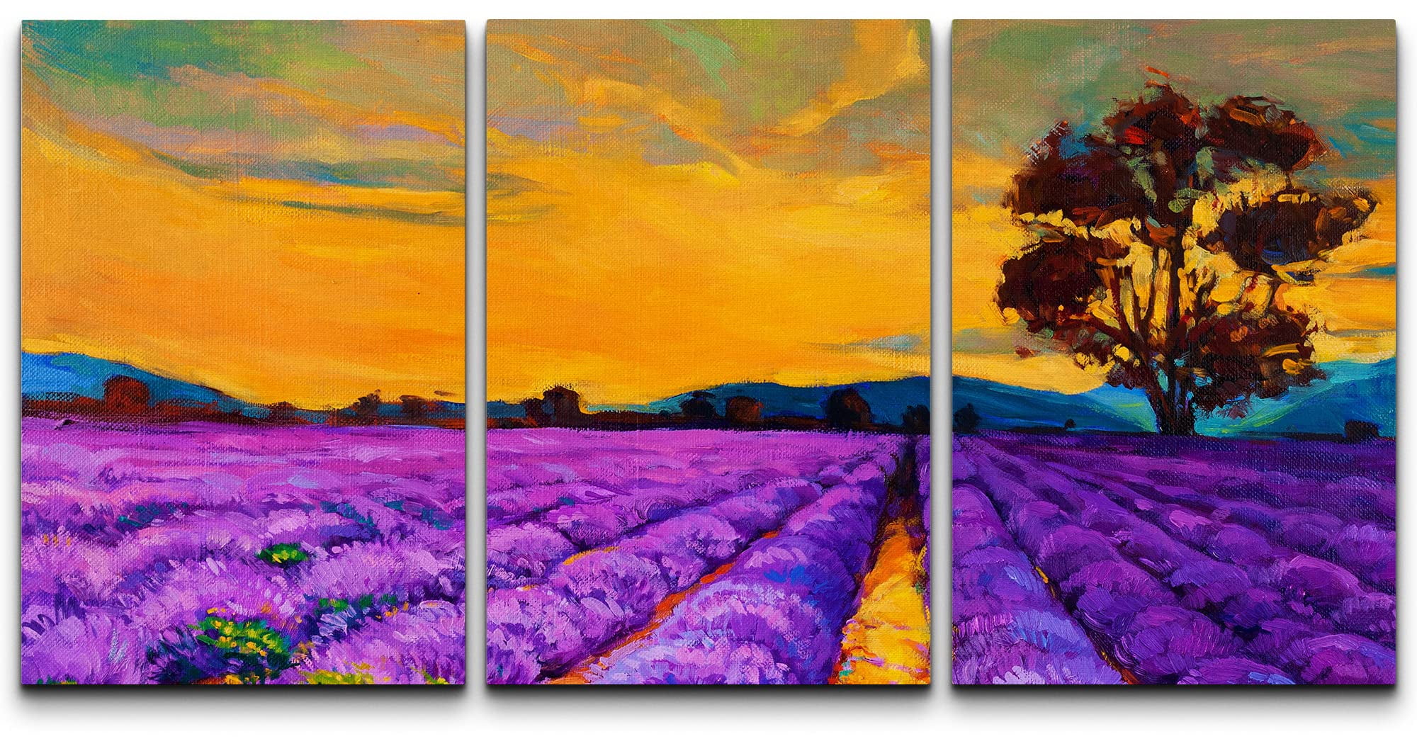 wall26 Canvas Print Wall Art Set Lavender Flower Field with Orange Sunset Floral Nature