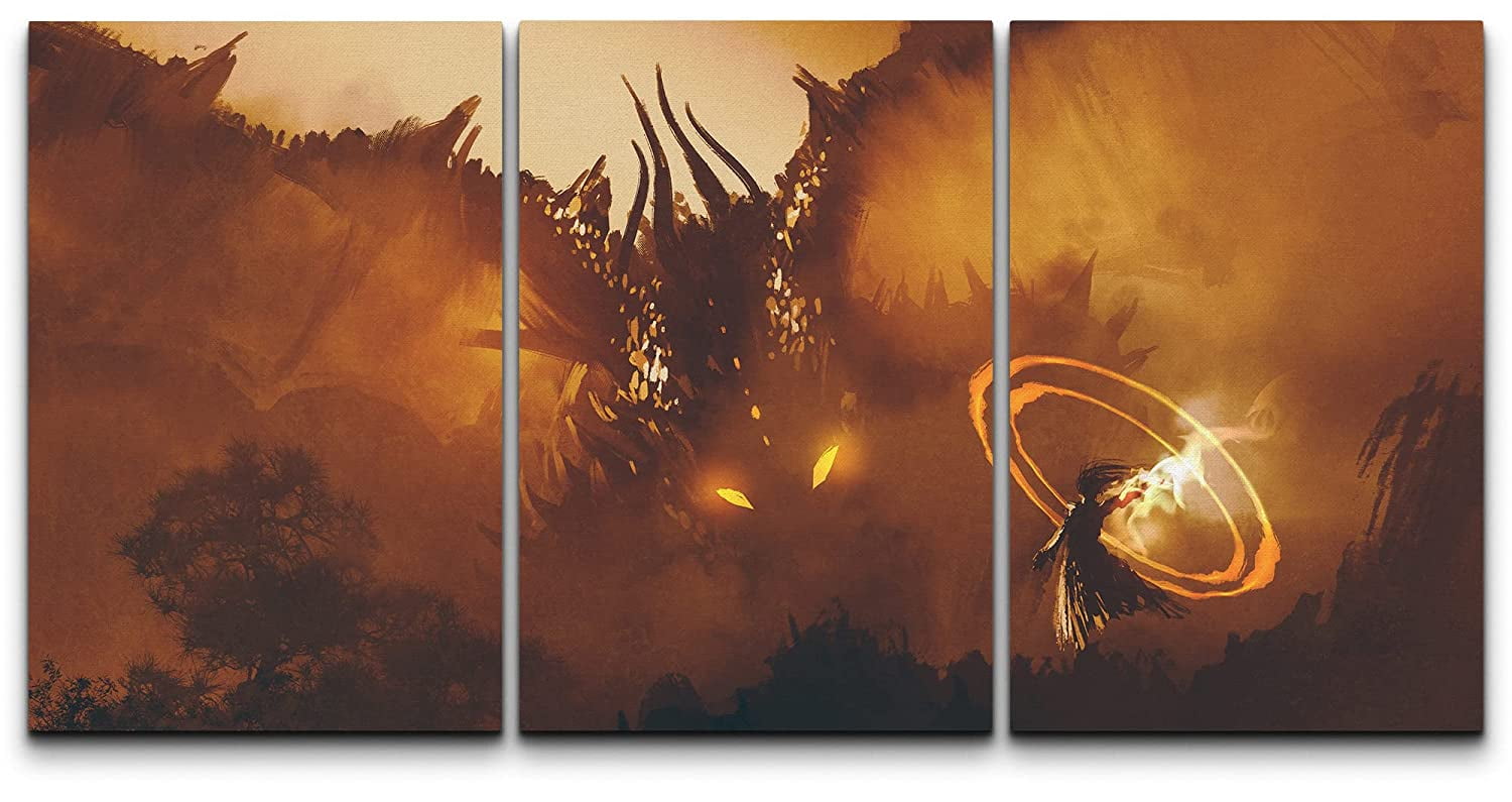 wall26 Canvas Print Wall Art Set Magic Wizard Fighting Mystic Dragon ...