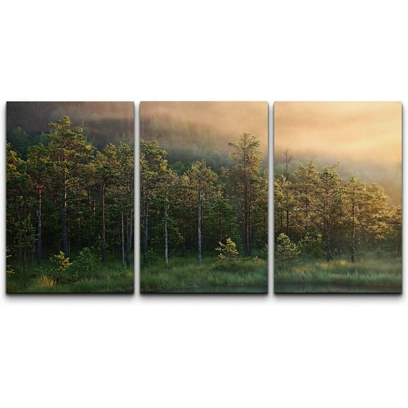 wall26 Canvas Print Wall Art Set Mist Over Foggy Morning Forest Nature Wilderness Photography Realism Rustic Scenic Relax/Calm Colorful for Living Room, Bedroom, Office - 24"x36"x3 Panels
