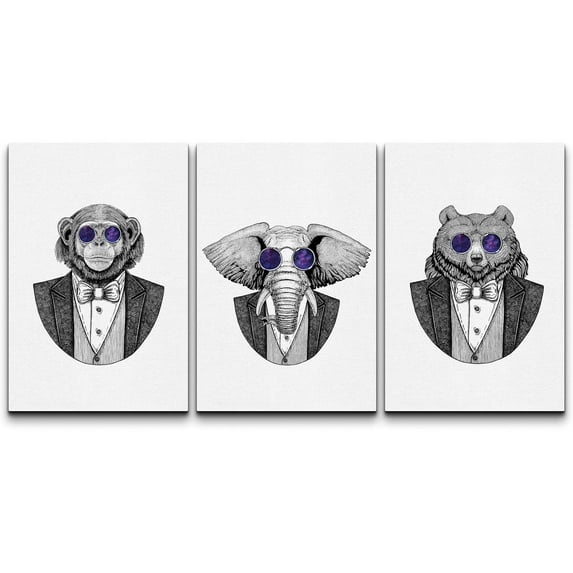 wall26 Canvas Print Wall Art Set Monkey, Elephant & Bear in Purple Galaxy Glasses Animals Wildlife Illustrations Modern Art Rustic Colorful Multicolor for Living Room, Bedroom, Office - 16"x