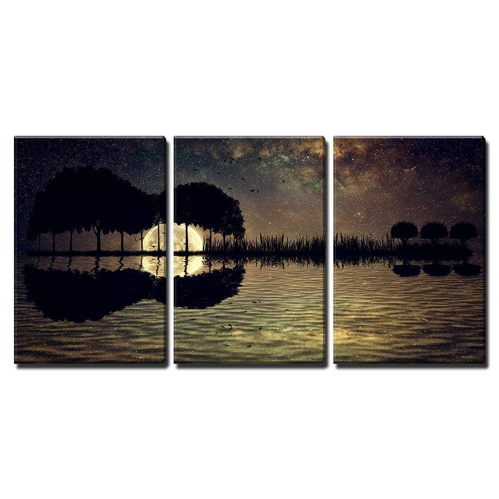 wall26 Canvas Print Wall Art Set Moon & Stars Over Night Time Wetland Nature Wilderness Digital