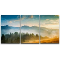 wall26 Canvas Print Wall Art Set Morning Mountain Forest with Fog & Hay Nature Wilderness Photography Realism Rustic Scenic Colorful Multicolor for Living Room, Bedroom, Office - 16"x24&quot