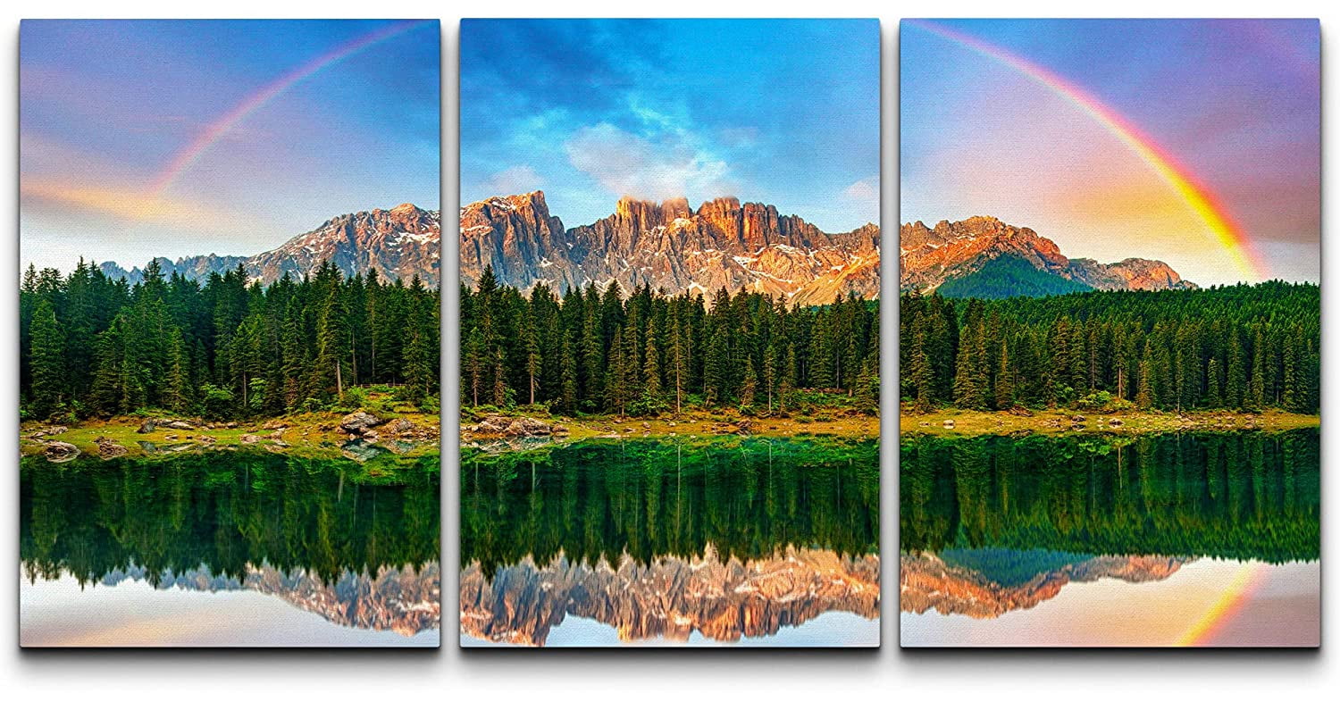 wall26 Canvas Print Wall Art Set Mountain Range Forest Lake Rainbow ...