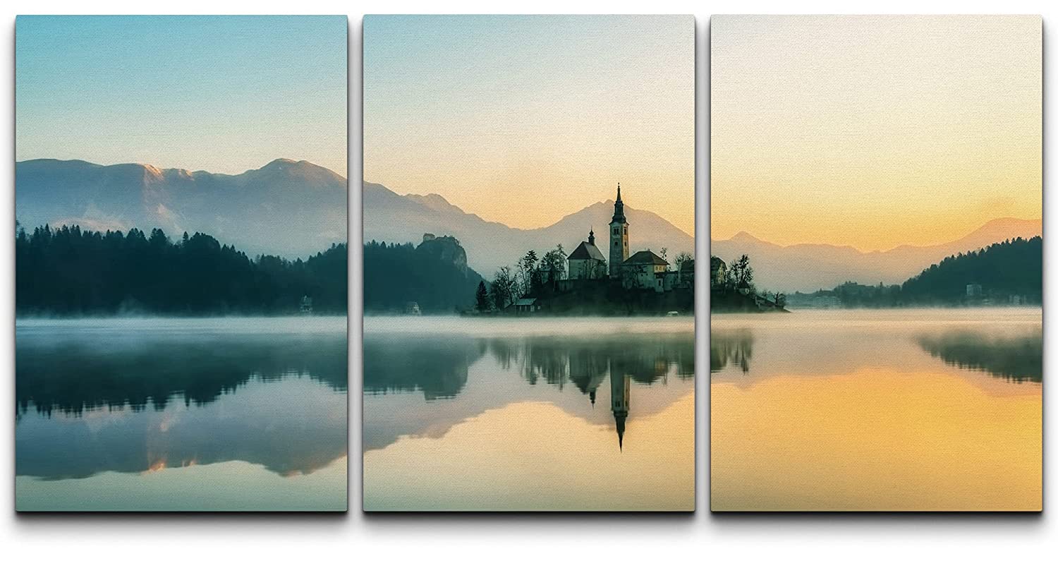 wall26 Canvas Print Wall Art Set Mountain Range Forest Lake Sunset ...