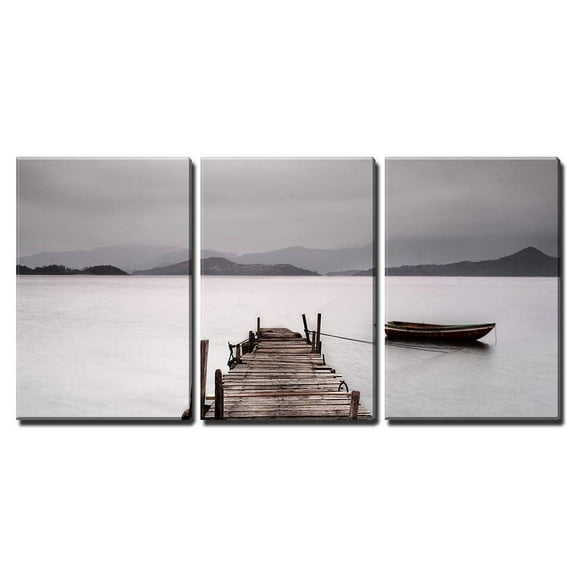 wall26 Canvas Print Wall Art Set Mountain Range Seascape with Pier &amp; Boat Nature Wilderness Photography Modern Art Contemporary Multicolor Ultra for Living Room, Bedroom, Office - 16"x24&quo