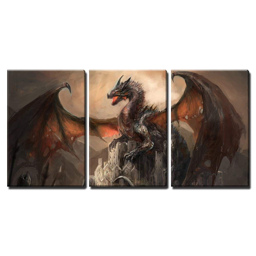 wall26 Canvas Print Wall Art Set Mystic Dragon Captures Castle Fantasy ...