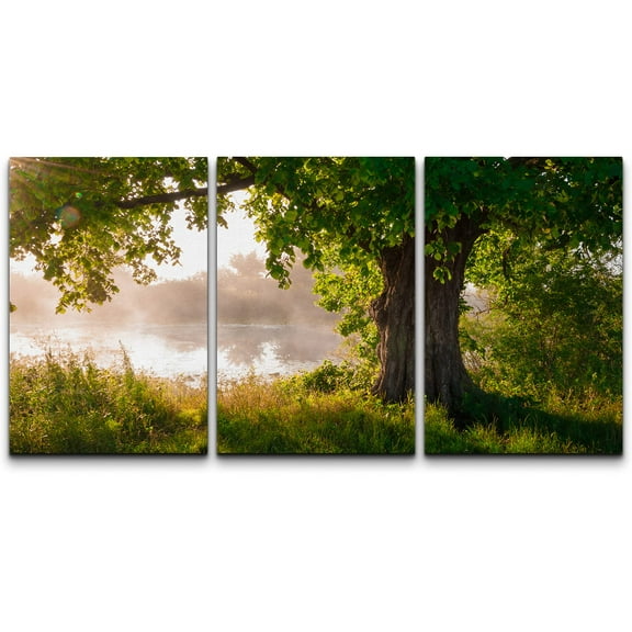 wall26 Canvas Print Wall Art Set Oak Tree Near The Misty Forest Lake Nature Wilderness Photography Realism Chic Scenic Relax/Calm Multicolor for Living Room, Bedroom, Office - 16"x24"x3 Pan