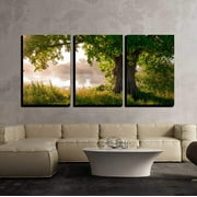 wall26 Canvas Print Wall Art Set Oak Tree Near The Misty Forest Lake Nature Wilderness Photography Realism Chic Scenic Relax/Calm Multicolor for Living Room, Bedroom, Office - 24"x36"x3 Pan