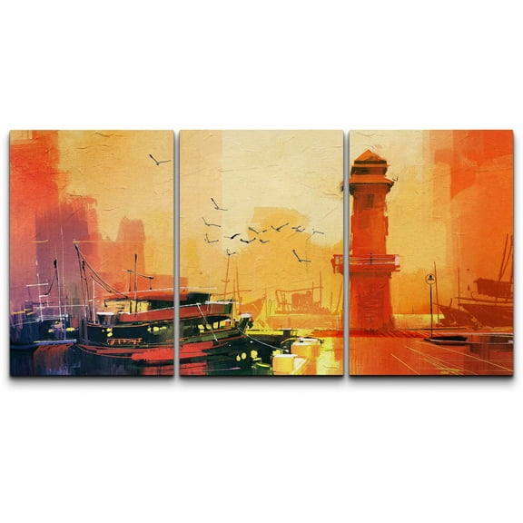 wall26 Canvas Print Wall Art Set Orange Sunset Over Lighthouse &amp; Fishing Boat Nature Ocean Illustrations Modern Art Rustic Scenic Relax/Calm for Living Room, Bedroom, Office - 16"x24"x3