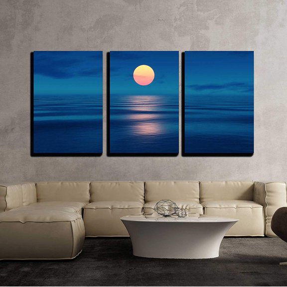 wall26 Canvas Print Wall Art Set Orange Sunset Over Smooth Blue Ocean Nature Wilderness Photography Realism Rustic Scenic Relax/Calm Colorful for Living Room, Bedroom, Office - 24"x36"x3 Pa