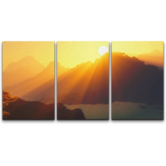 wall26 Canvas Print Wall Art Set Orange Sunset &amp; Mountain Lake Nature Wilderness Photography Realism Rustic Scenic Relax/Calm Colorful for Living Room, Bedroom, Office - 24"x36"x3 Panel