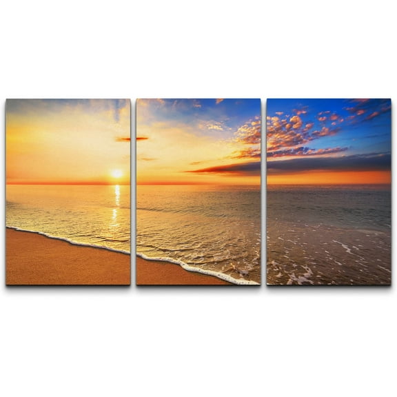 wall26 Canvas Print Wall Art Set Orange &amp; Blue Sunset Over The Beach Nature Ocean Photography Realism Rustic Landscape Colorful Multicolor Ultra for Living Room, Bedroom, Office - 24"x36&quo