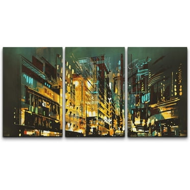 wall26 Canvas Print Wall Art Set Paint Stroke Teal &amp; Yellow Night Cityscape Architecture &amp; Maps Cities Illustrations Modern Art Rustic Relax/Calm for Living Room, Bedroom, Office - 16&quot;x2