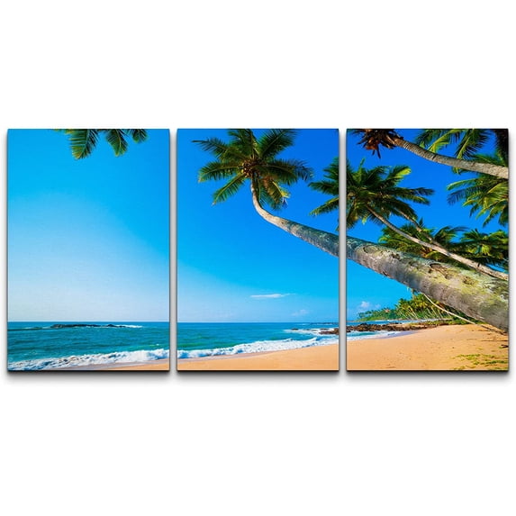wall26 Canvas Print Wall Art Set Palm Tree Ocean Island Tropical Beach Nature Wilderness Photography Realism Rustic Landscape Colorful for Living Room, Bedroom, Office - 16"x24" x 3