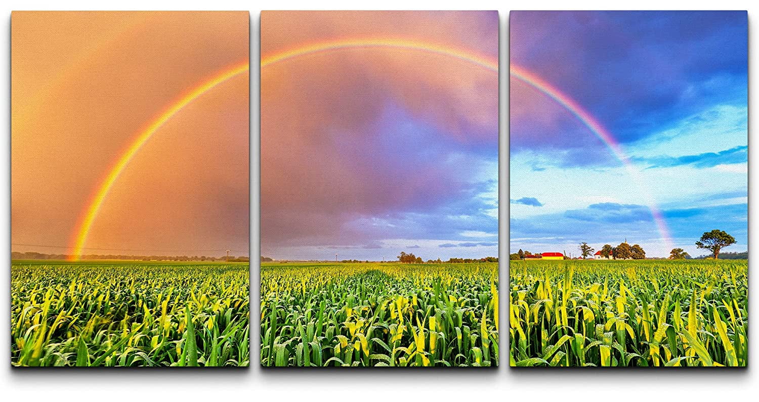 wall26 Canvas Print Wall Art Set Pastel Sky Sunset Rainbow Farm Field ...