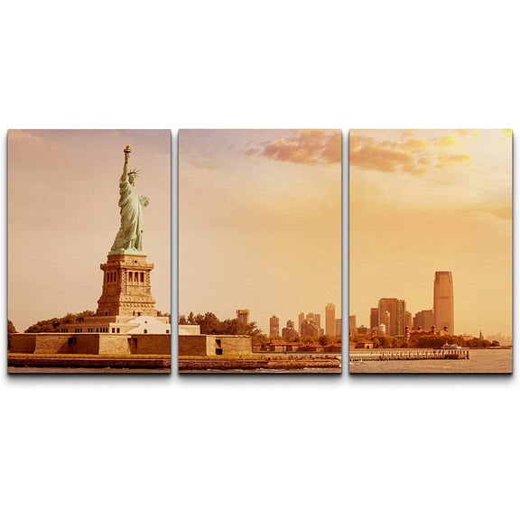 wall26 Canvas Print Wall Art Set Pastel Sunset NYC Statue of Liberty Ellis Island Nature Cityscape Photography Realism Landscape Colorful for Living Room, Bedroom, Office - 24"x36" x 3
