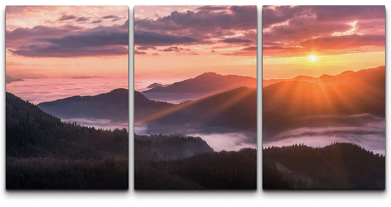 wall26 Canvas Print Wall Art Set Pastel Sunset Sunshine Mountain Range ...