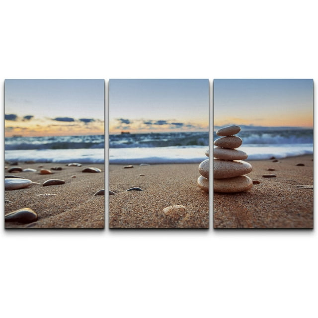 wall26 Canvas Print Wall Art Set Pebbles Along The Ocean Beach Coast Nature Wilderness Photography Realism Chic Scenic Relax/Calm Multicolor for Living Room, Bedroom, Office - 16&quot;x24&quot;x3 Pan