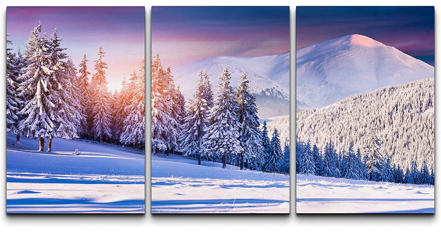 wall26 Canvas Print Wall Art Set Purple Sunset Winter Snowy Forest ...