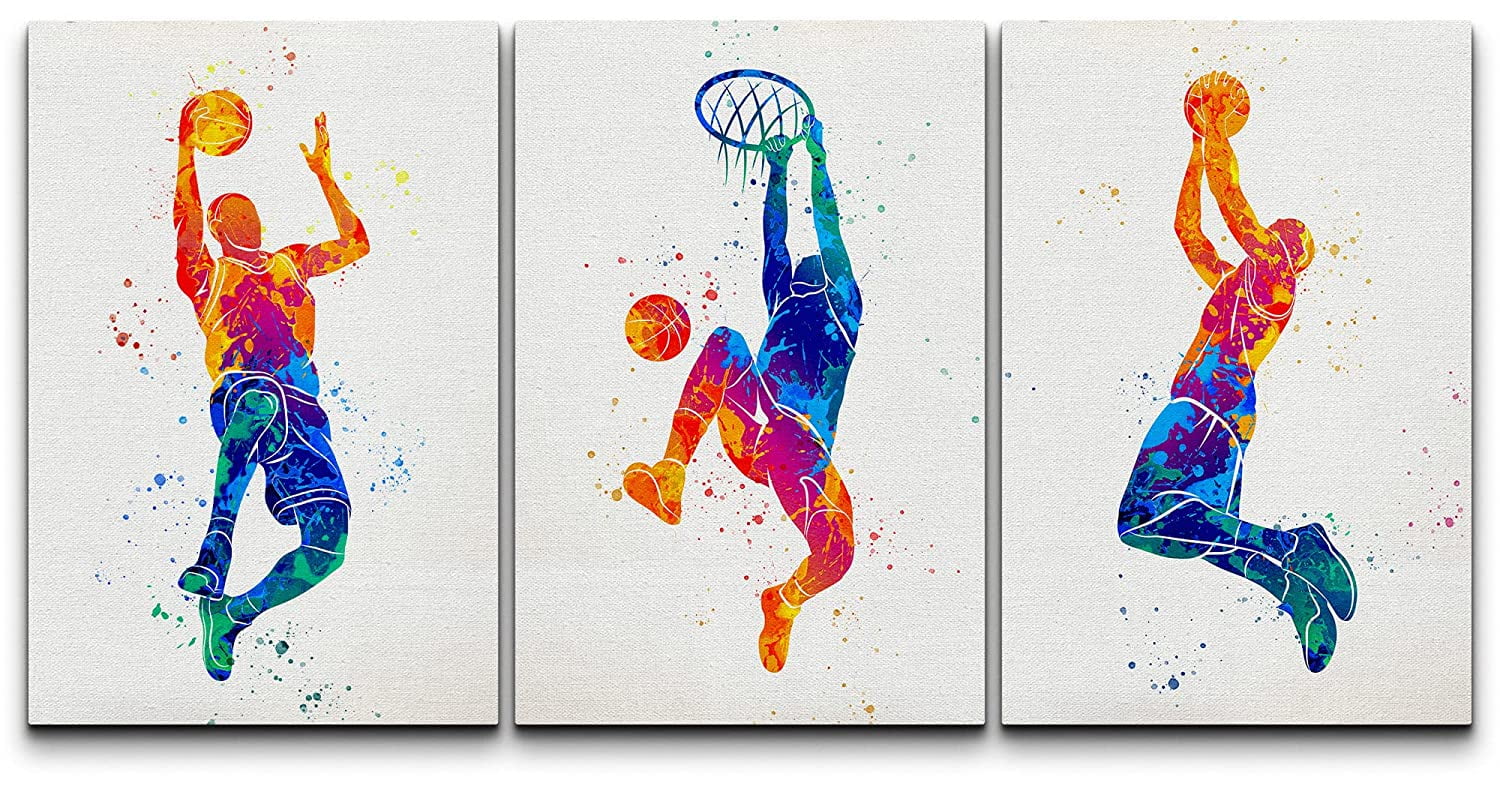 wall26 Canvas Print Wall Art Set Rainbow Spray Paint Basketball Slam Dunk Sports & Fitness